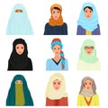 Vector arabian arabic islamic Female woman character faces avatars in different clothes and hair styles.