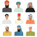 Vector arabian arabic islamic male man character faces avatars in different clothes and hair styles.