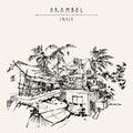 Vector Arambol, Goa, India postcard. Tropical village landscape. Artistic drawing. Travel sketch. Vintage hand drawn postcard, Royalty Free Stock Photo