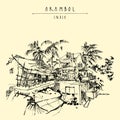 Vector Arambol, Goa, India postcard. Tropical village landscape. Artistic drawing. Travel sketch. Vintage hand drawn postcard,