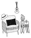 Vector armchair, bedside table and ukulele Royalty Free Stock Photo