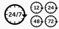 24 7 vector arrow, customer support, delivery and open icons. Vector 12, 24, 48 and 72 hours delivery service, clock arrows