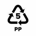 Plastic recycling code applied to packaging (PP).