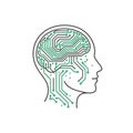 Vector art of artificial intelligence concept, featuring a brain outline filled with circuit board patterns, symbolizing advanced Royalty Free Stock Photo