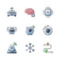 Vector art of artificial intelligence concept with self driving car, brain, chip, robot, camera, sensor, network, and navigation Royalty Free Stock Photo