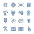 Vector art of artificial intelligence icons, representing machine learning, neural networks, robotics, and data analysis for Royalty Free Stock Photo
