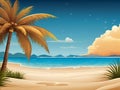 A vector art of beautiful sandy beach, with palm tree, blue sea, plants, landscape Royalty Free Stock Photo