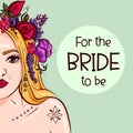 Vector art of a blonde bride with floral decorations on her hair. Wedding drawing with a woman having a flower corsage and a tatto