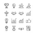 Vector art of business and success icons featuring trophy, lightbulb, mountain, handshake, chart, medal, and certificate Royalty Free Stock Photo