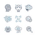 Vector art of collection of artificial intelligence icons representing machine learning, neural networks, and data processing Royalty Free Stock Photo