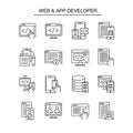 Vector art of a collection of web and app developer icons, , representing coding, programming, and software development processes Royalty Free Stock Photo