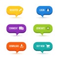 Vector art of colorful speech bubbles with various action prompts, , representing user interface elements for website and app Royalty Free Stock Photo