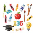 Vector art of a colorful and whimsical illustration featuring various school supplies and learningrelated objects with cute faces Royalty Free Stock Photo