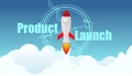 Rocket in the sky for product launch web banner, presentation, print concept with big text flat style illustration