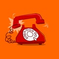 Vintage hand rawn ringing red telephone icon cartoon style illustration