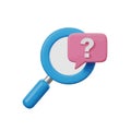 Vector art of 3d rendering of a blue magnifying glass with a pink speech bubble containing a white question mark, , representing Royalty Free Stock Photo