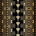 Vector art deco black gold foil stylized flowers, squares, grids linear geometric seamless pattern background. Luxury Royalty Free Stock Photo