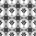 Vector art deco decorative grid and fanning stylized flowers. Seamless monochrome pattern background. Backdrop with