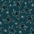 Vector Art Deco inspired Moody Black Swans with Snowdrop Flowers seamless pattern background.