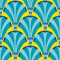 Vector art deco stylized fanning flower seamless pattern background. Blue yellow geometric backdrop with elegant fan Royalty Free Stock Photo