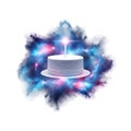 Vector art of a delightful birthday cake with a single candle, set against a cosmic nebula backdrop, , creating a whimsical and Royalty Free Stock Photo