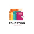 Vector art of education logo featuring a stack of colorful books and a mouse pointer, ideal for online learning platforms and Royalty Free Stock Photo