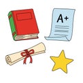 Vector art of educational illustration featuring a book, a paper with a, a diploma, and a star, representing learning and Royalty Free Stock Photo