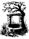 Enchanted Stone Well Under Tree Silhouette Vector Art for Tattoos and Designs Royalty Free Stock Photo