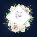 Vector art floral wedding invite, save the date card. Watercolor powder white rose flower, green eucalyptus leaves wreath bouquet Royalty Free Stock Photo