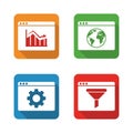 Vector art of four colorful icons representing data analysis, global network, settings configuration, and funneling information Royalty Free Stock Photo