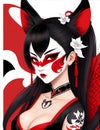 Vector art geisha with kitsune mask tatoo, design in anime style of black, white and red color