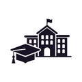 Vector art of graduation cap and school building icon, representing education, learning, and academic achievement Royalty Free Stock Photo