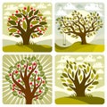 Vector art green fruity trees with swing on beautiful cloudy spring landscape. Setting sun with sunbeams view, season theme