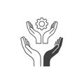 Vector art of hands holding gear symbolizing support, assistance, collaboration, and problemsolving in business, technology, or Royalty Free Stock Photo