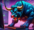 Vector art illustration of a angry bull in neon lights doing trading on computer screen