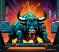 Vector art illustration of a angry bull in neon lights doing trading on computer screen