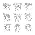 Vector art of illustrations of human heads with different brain patterns, representing various mental states and cognitive Royalty Free Stock Photo