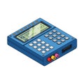 Vector art of isometric vector illustration of a blue electronic device with a screen, buttons, and ports for various applications Royalty Free Stock Photo