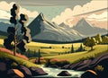 Vector art landscape, green, gray, brown and white colors with mountains and river