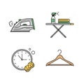 Vector art of laundry and ironing essentials an illustration showcasing an iron, ironing board, spray bottle, towels, clock, Royalty Free Stock Photo