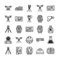Vector art of line art illustration of surveying and construction equipment, including drones, theodolites, blueprints, helmets, Royalty Free Stock Photo