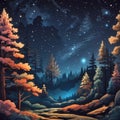 Vector Art of Night Forest. Nocturnal Forest in Vector Illustration.