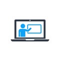 Vector art of online learning icon depicting a teacher on a laptop screen, representing remote education and virtual classroom Royalty Free Stock Photo