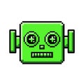 Vector art of a pixelated green robot head with crosseyed expression, , representing artificial intelligence and retro technology Royalty Free Stock Photo