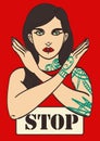 Vector art poster subculture punk girl shows stop arms. Eps 10