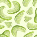 Vector art, seamless pattern with hand-drawn harvest juicy, delicious rich wet yellow lime pieces, with highlights