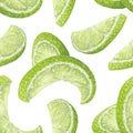 Vector art, seamless pattern with hand-drawn harvest juicy, delicious rich wet yellow lime pieces, with highlights