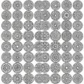 Vector art of seamless pattern of mandala circles, a mesmerizing display of intricate designs and symmetrical harmony in grayscale Royalty Free Stock Photo