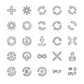 Vector art of set of arrow icons representing direction, refresh, sync, split, upload, download, and loop in a simple line style Royalty Free Stock Photo