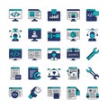 Vector art of set of web development and design icons, featuring coding, graphics, and tools for creating websites Royalty Free Stock Photo